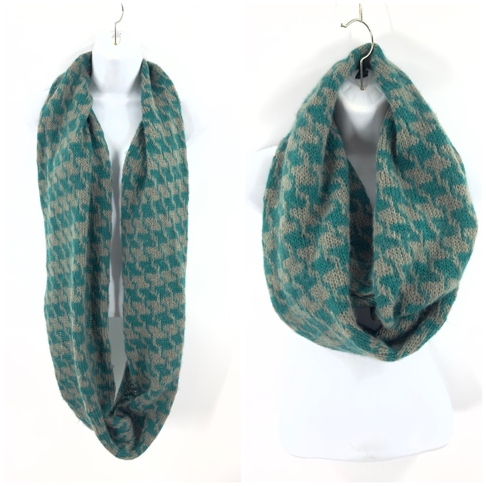Wooden Ships Infinity Scarf Mohair Wool Blend Green Houndstooth Neck Wrap Warm